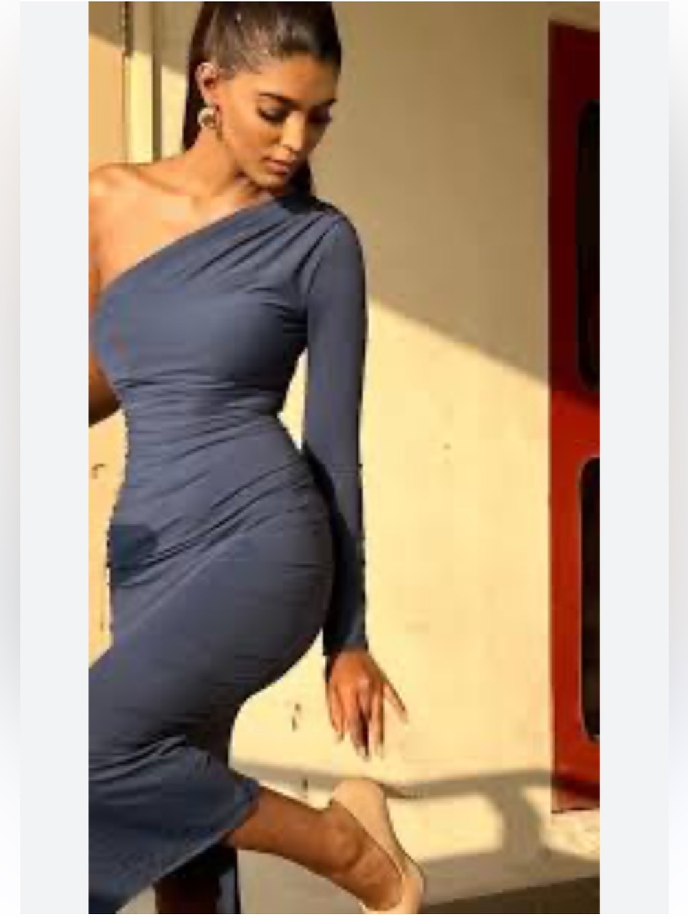 Zara One-Shoulder Long Sleeve Bodycon Dress in Slate Blue
